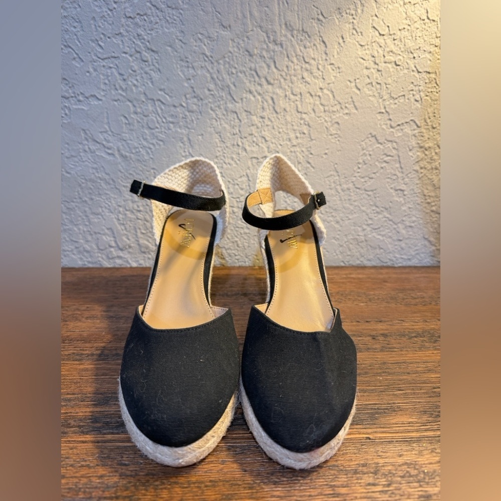 J. Crew Black Canvas Espadrille Wedge Ankle-Strap Sandals - Picture 8 of 16